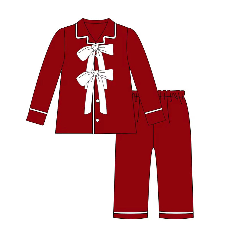 Girls Bow Matching Red Satin Christmas Pjs