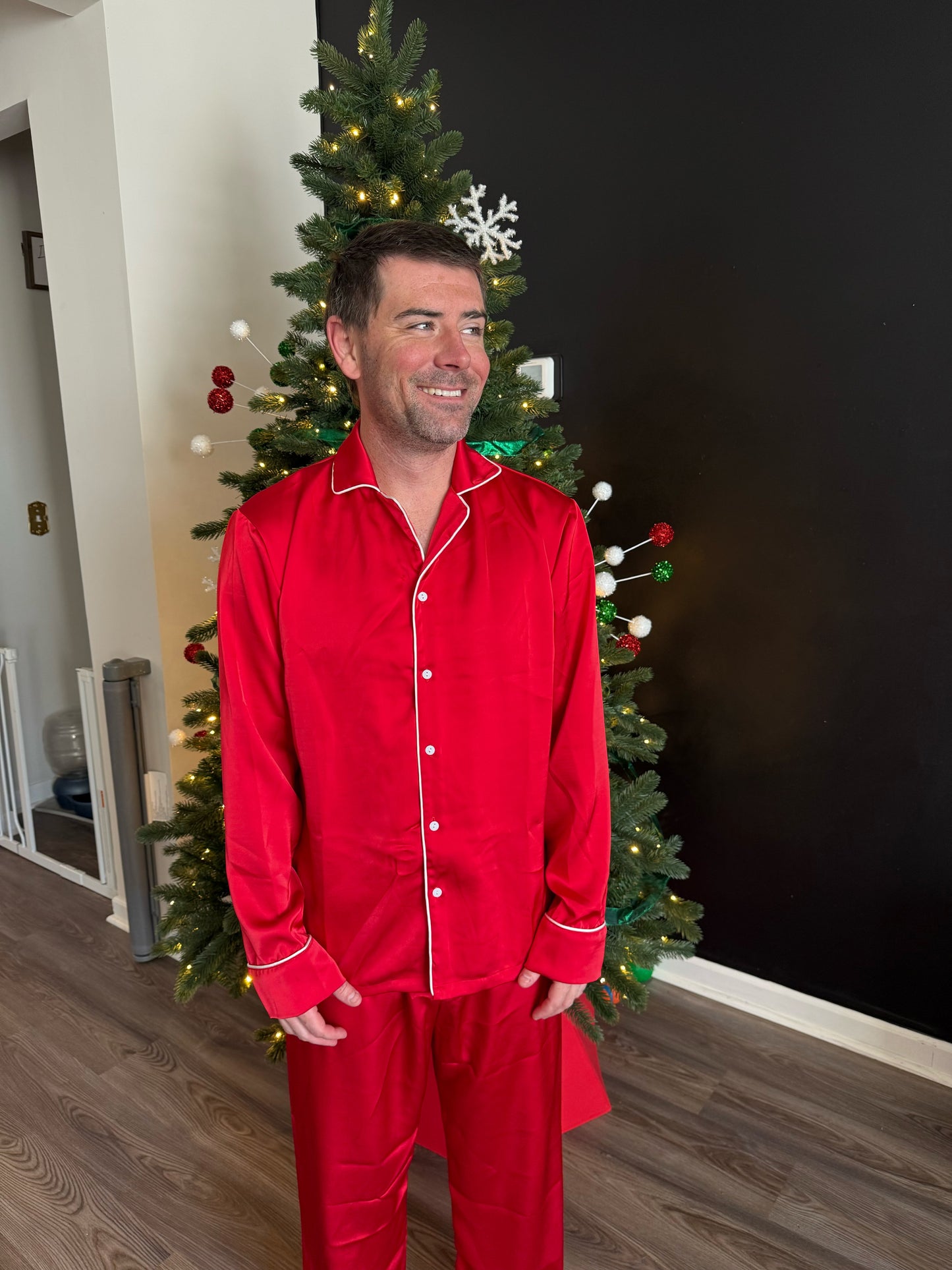 Boys Matching Red Satin Christmas Pjs