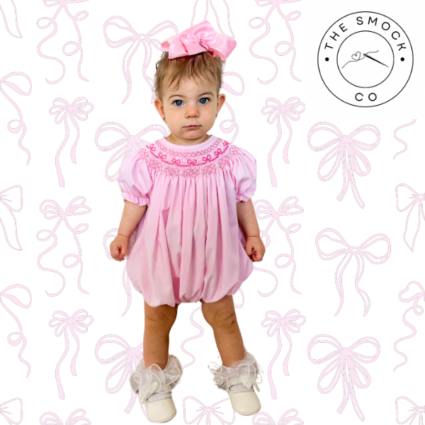 Pink Bow Pearl Hand-Smocked Bubble