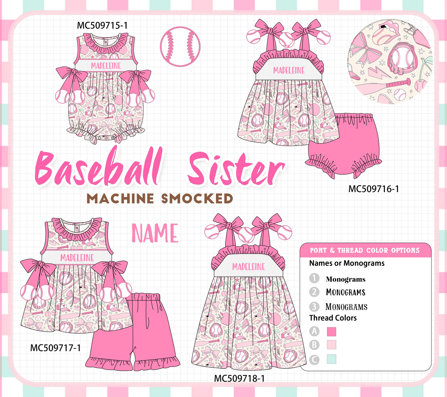 PO68 Pink baseball monogram smocked collection ETA MARCH