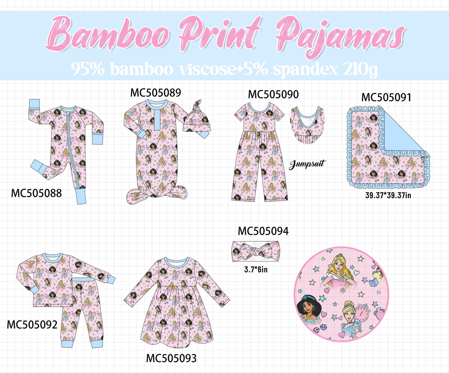 PO56 Pink princess print bamboo pajamas collection ETA SEP