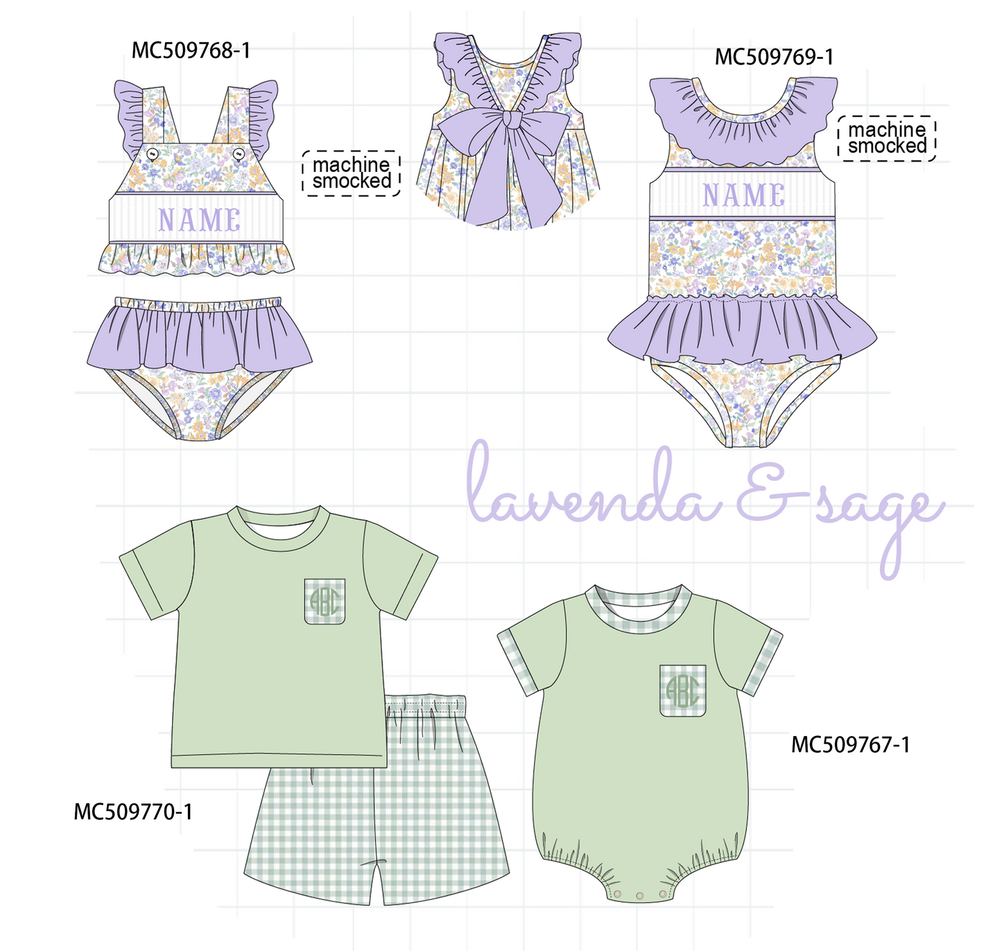 PO68 Purple floral monogram embroidery smocked collection ETA MARCH