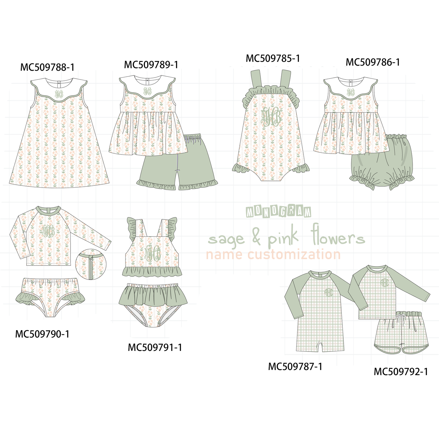PO68 Sage floral monogram embroidery ruffle collection ETA MARCH