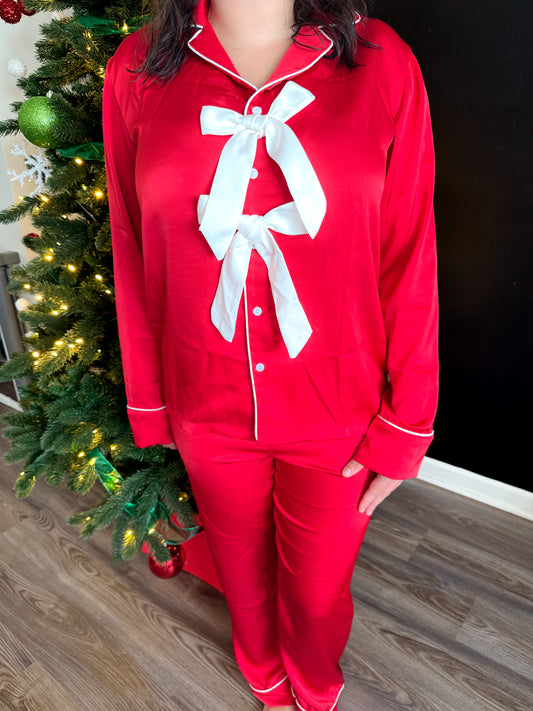 Mom Bow Red Satin Matching Christmas Pjs