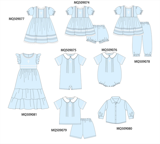 PO67 Blue easter cross embroidery ruffle collection ETA MARCH