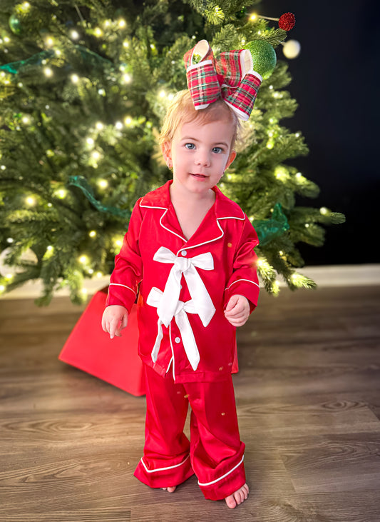 Girls Bow Matching Red Satin Christmas Pjs