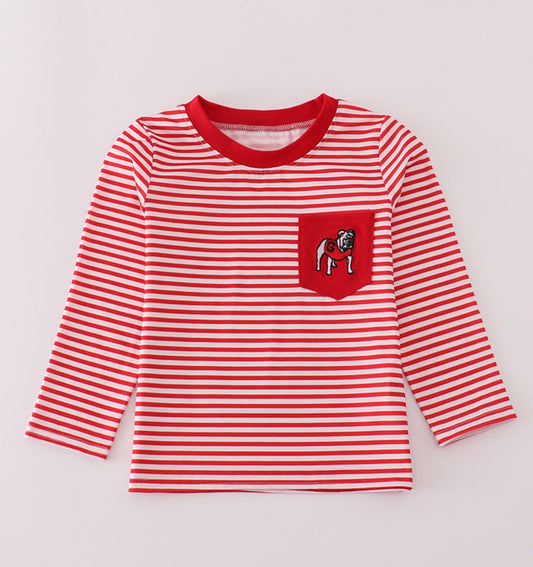 Boys Red Stripe Dog Pocket Long Sleeve Shirt