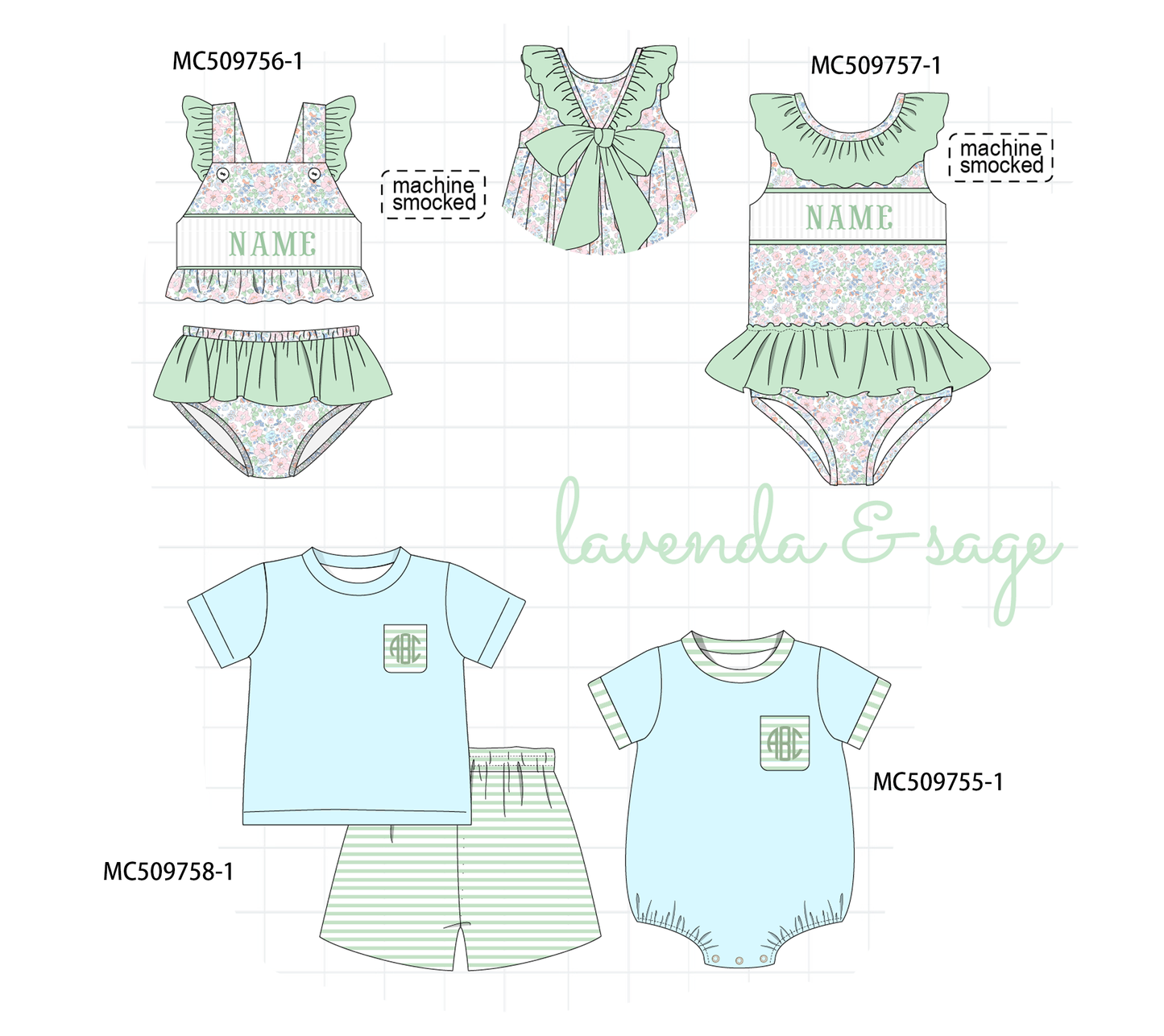 PO68 Green floral monogram smocked collection ETA MARCH