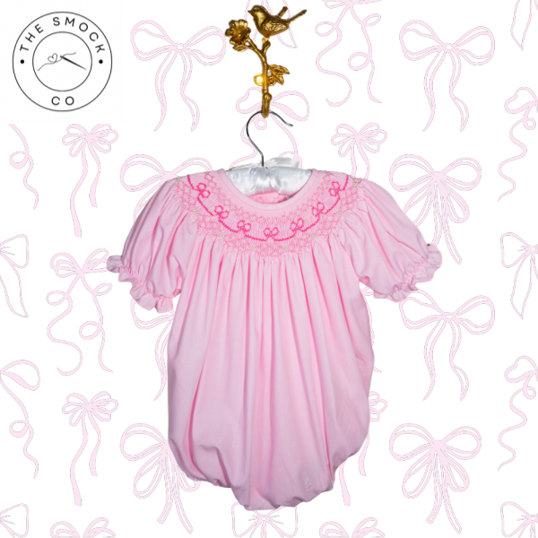 Pink Bow Pearl Hand-Smocked Bubble
