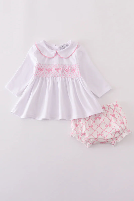 Pink Bow Machine Smocked Diaper Set
