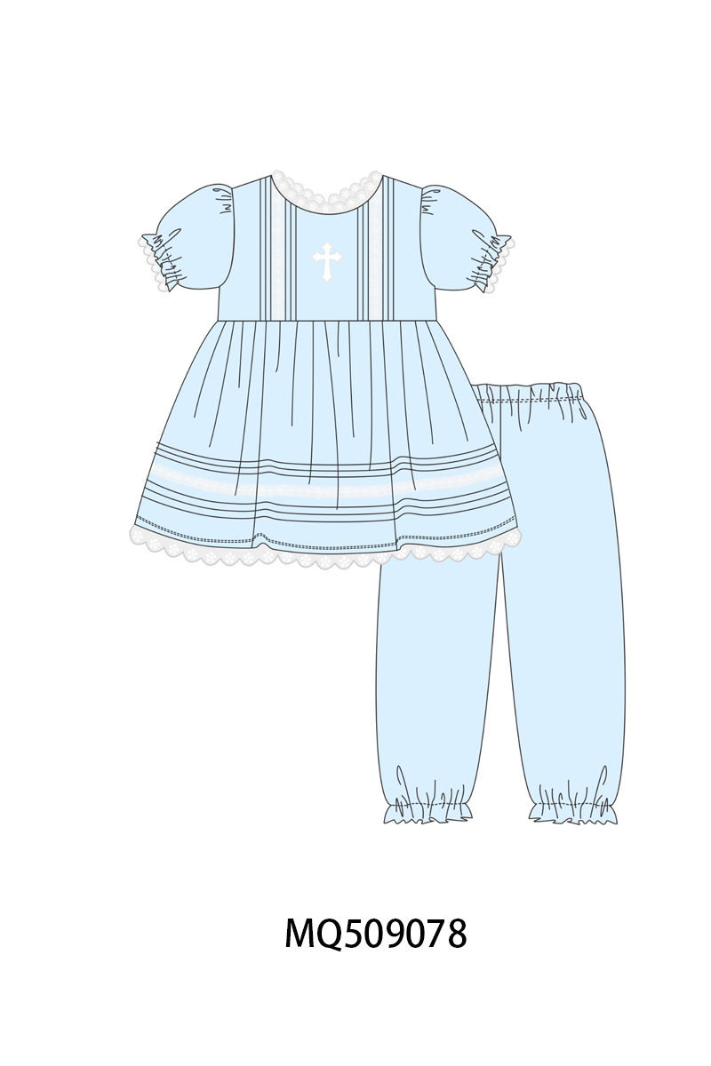 PO67 Blue easter cross embroidery ruffle collection ETA MARCH